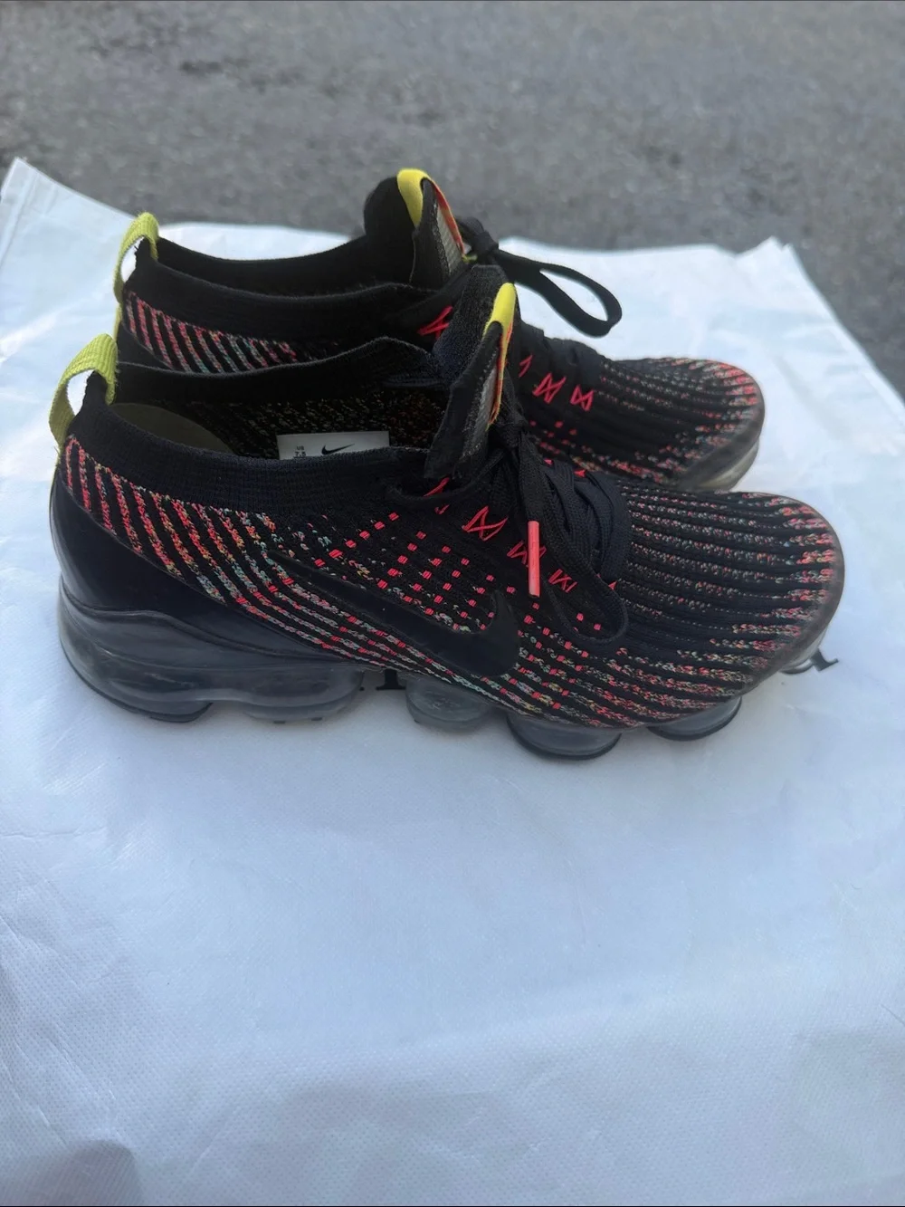Nike  Women Black with Neon Yellow & Red Knit Flyknit Sneakers size 7.5